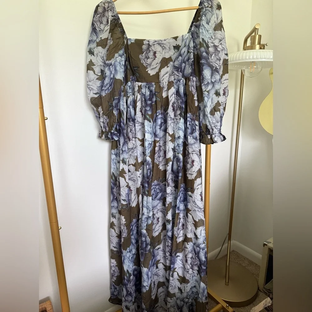 Floral Square-Neck Long Sleeve Maxi Dress - Olive & Lavender - Picture 2 of 13